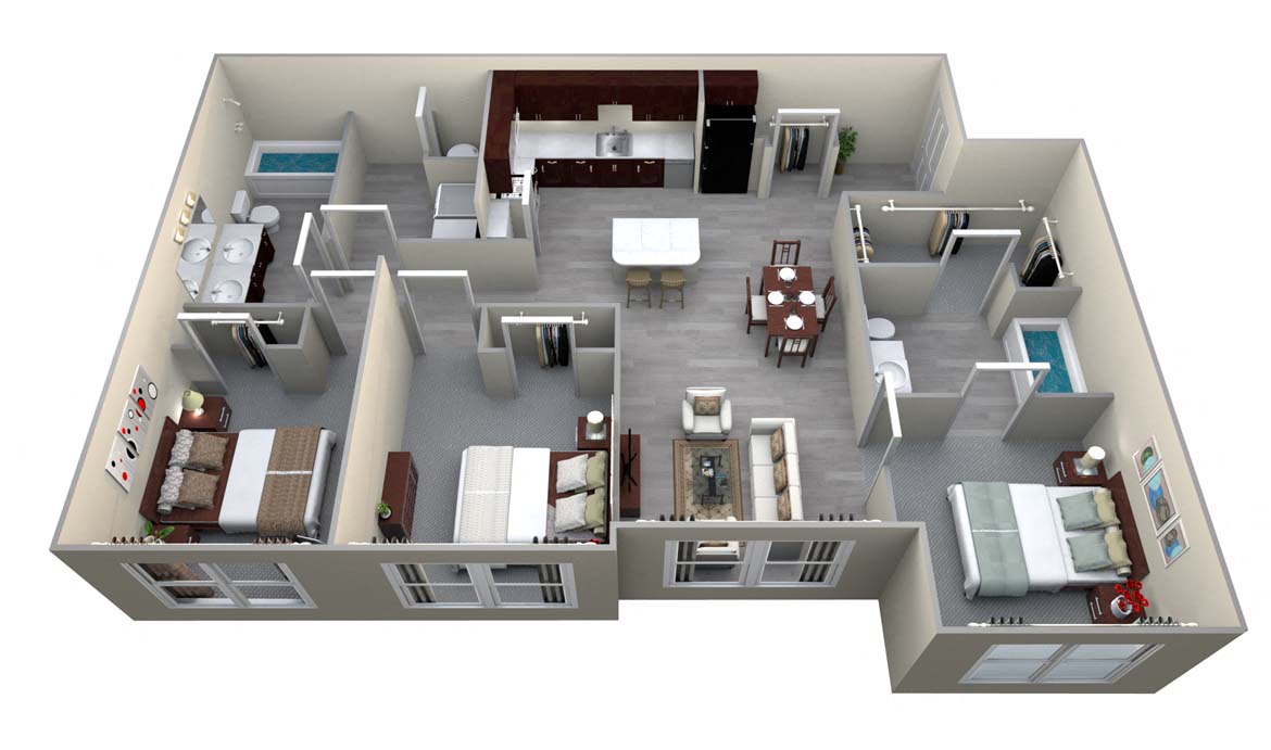 Floor plan for 3 beds, 2 baths, 1141 sqft